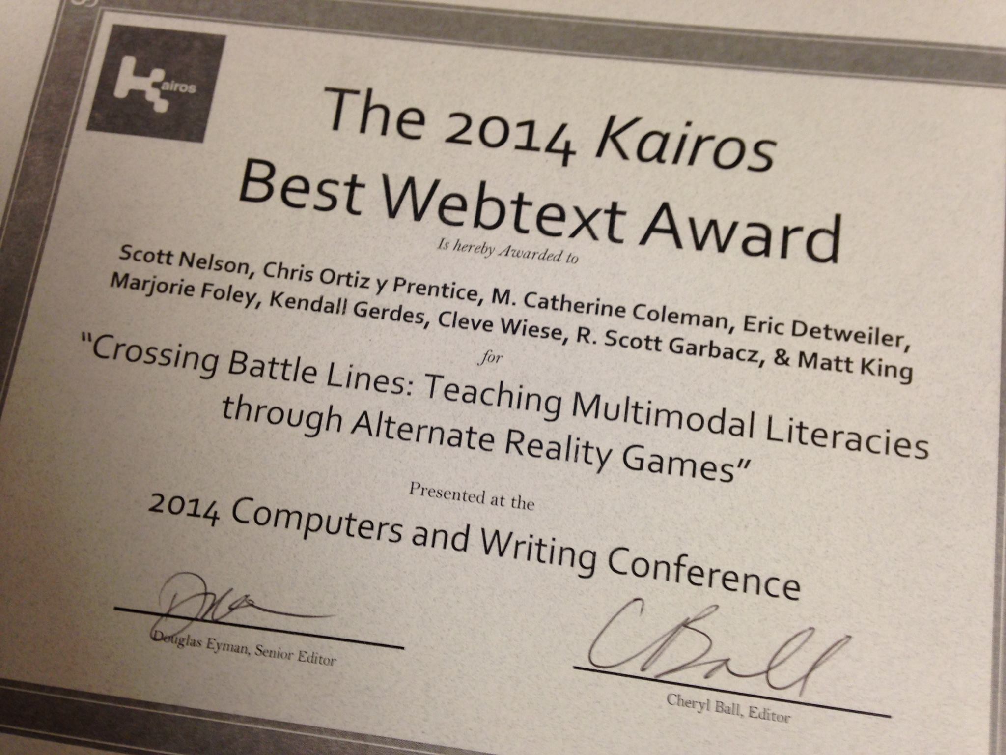 Kairos Best Webtext Award 2014 for Crossing Battle Lines