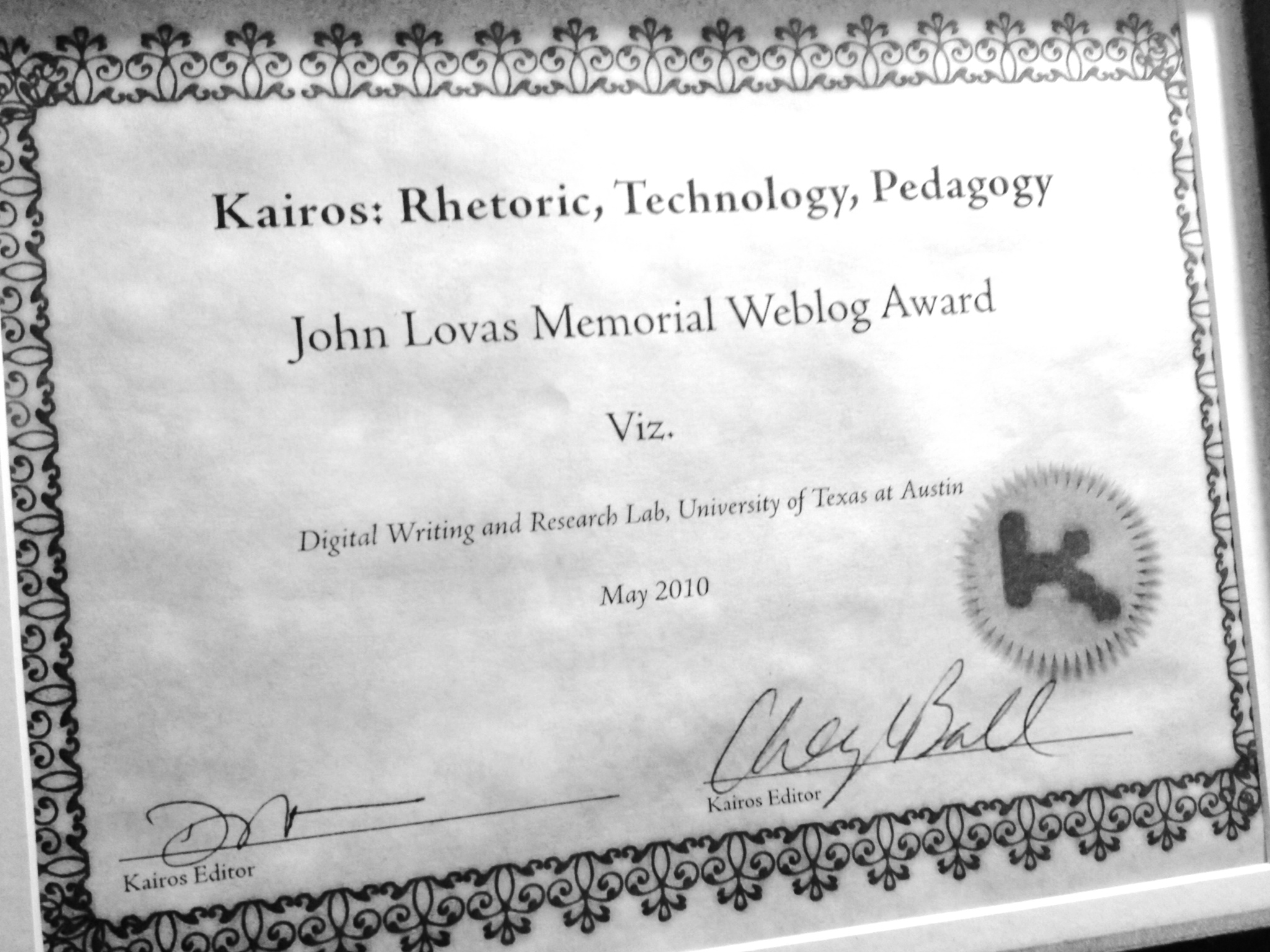 Kairos John Lovas Memorial Weblog Award for viz.