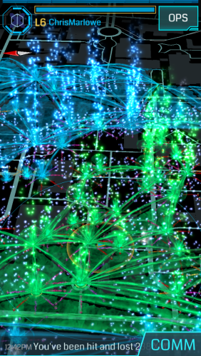 Phone screenshot showing a black background with green and blue fountains shapes, some connected by lines, superimposed on it.