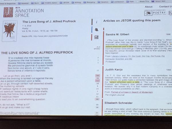 Photograph of annotation screen. The Love Song of J. Alfred Prufrock is on the left half of the screen, with sample text from related JSTOR scholarship on the right.
