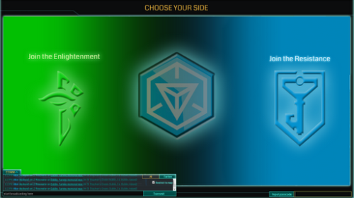 an image showing the identity badges for both factions in the game. The green badge is for the Enlightenment, while the blue one is for the Resistance faction.