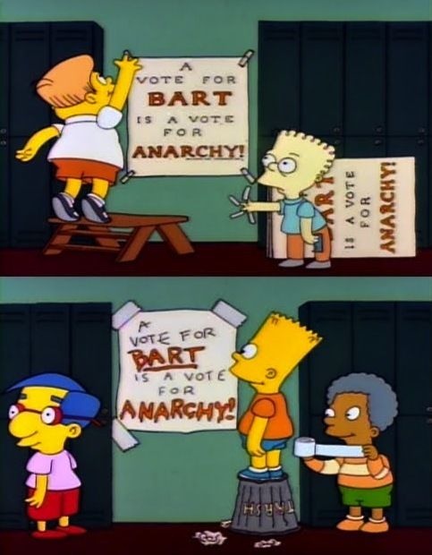 A screenshot from The Simpsons showing two signs in different fonts, both reading: A Vote For Bart Is A Vote For Anarchy