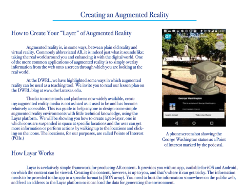 Image shows dark blue text on a white background, headed "Creating an Augmented Reality," and a screenshot from a phone with an image from the app.