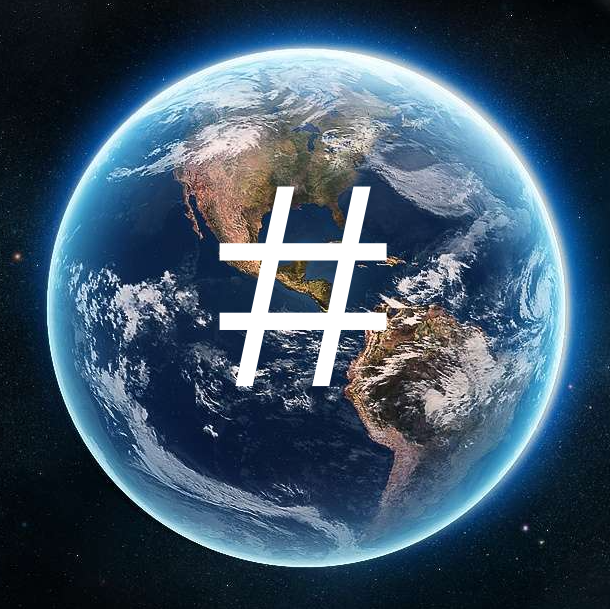 An image of the Earth from an outerspace perspective, overlaid with a hashtag.