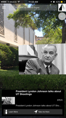 Screen shot of Raugmenter in action, through a cell phone's camera lens, with an image of Lyndon B. Johnson popping up in space that links to his speech about the shootings.