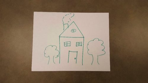 A very rough sketch of a house with two trees on both sides of it.