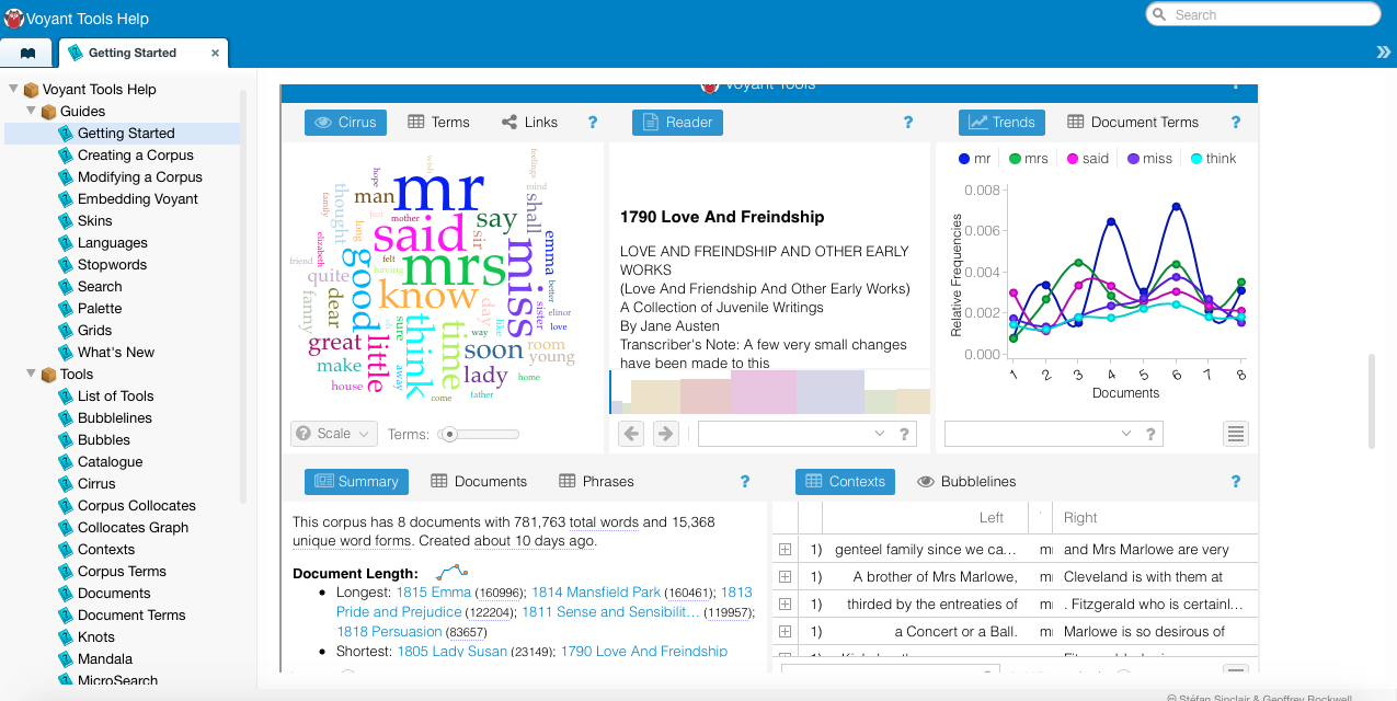 screen shot of Voyant interface performing multiple text analysis tasks