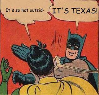 A comic panel of Batman and Robin. Robin is saying, It's so hot outsid–, but Batman slaps him and says, It's Texas!