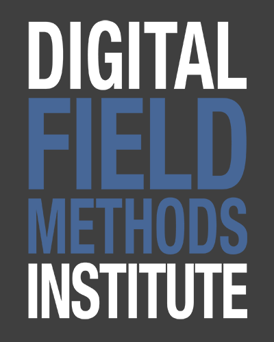 The words digital (in white) field methods (in blue) and institute (in white) stacked vertically over a black rectangular box background