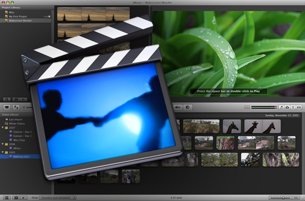 This image shows in the background an opened iMovie application with an image of a plant on the main corner. In the foreground, there is a clapperboard.