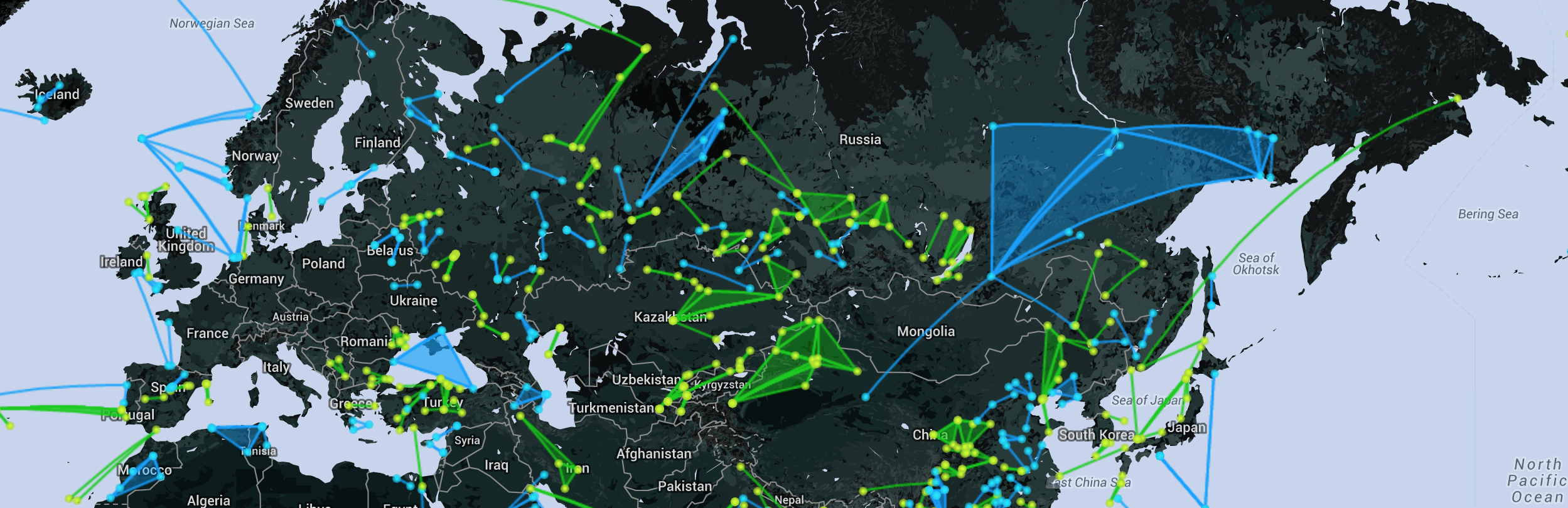 Map of Europe and Asia with green and blue triangles superimposed on it, showing the locations of Ingress control fields.