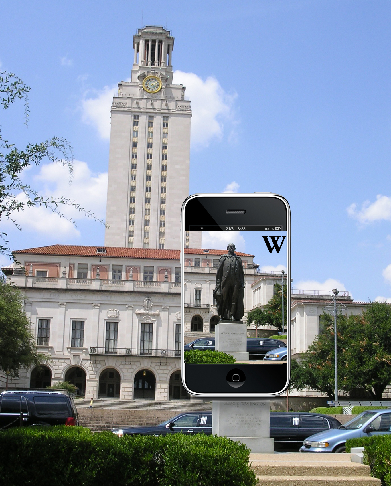 A composite image showing the statue of George Washington at the top of UT's south mall on an iPhone screen. The Main Tower is in the backgound.