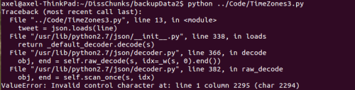 An error message from a command line that finishes with "ValueError: Invalid control character at: line 1 column 2295 (char 2294)