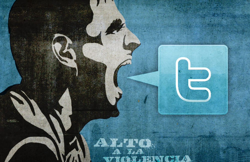 A stencil grafitti of a man shouting, with a speech bubble containing the Twitter symbol. Background and speech bubble are the Twitter shade of blue. A stenciled caption reads: "ALTO A LA VIOLENCIA."