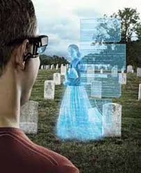 An example of a digital overlay augmenting reality by providing information about a deceased person at her gravestone.