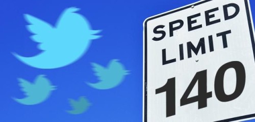 The image shows a speed limit sign with the number 140. Behind it, the Twitter logo of blue birds fly by.