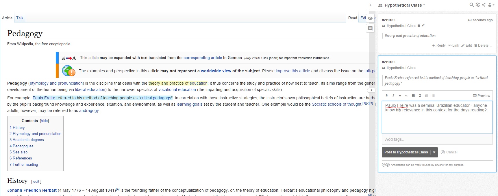 A screenshot of the Hypothesis interface, with a bar off to the right where all annotations made on a webpage are shown