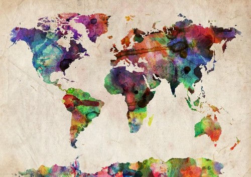 A map of the world on old-looking canvas. The continents are done in watercolors spanning the entire color palette. They overlay and flow into each other.