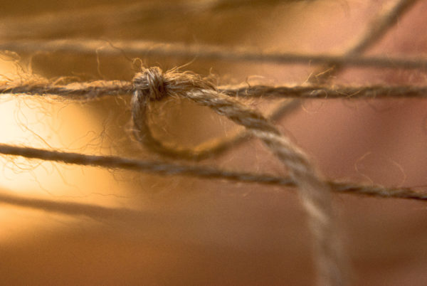A knot tied in a piece of brown twine.
