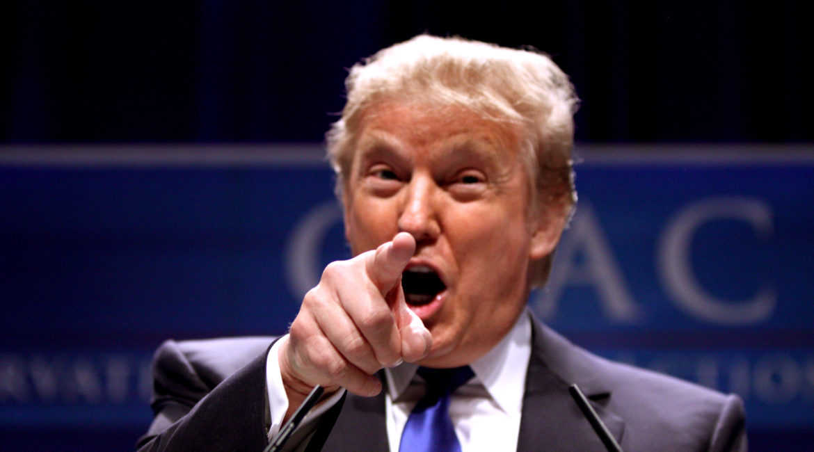 Donald Trump, business man and politician, pointing at the camera while debating in Washington in 2011.