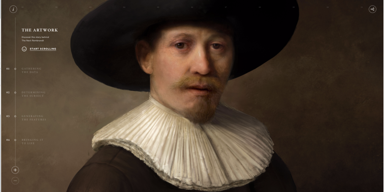 The "Next Rembrandt" was painted by a computer. It shows a middle-aged man with a mustache, wearing a black hat and a white collar. Image Credit: The Next Rembrandt Project, Press release: http://thenextrembrandt.pr.co/125449-can-technology-and-data-bring-back-to-life-one-of-the-greatest-painters-of-all-time.