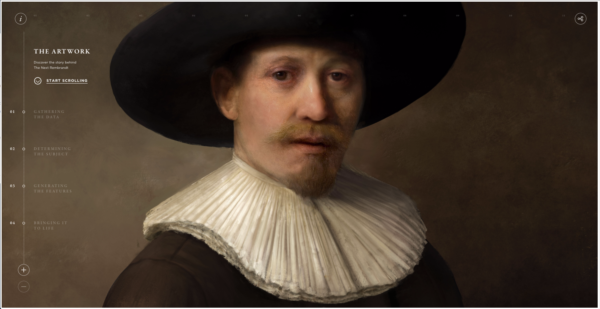 The "Next Rembrandt" was painted by a computer. It shows a middle-aged man with a mustache, wearing a black hat and a white collar. Image Credit: The Next Rembrandt Project, Press release: http://thenextrembrandt.pr.co/125449-can-technology-and-data-bring-back-to-life-one-of-the-greatest-painters-of-all-time.