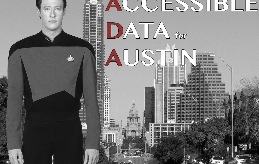 Star Trek's Data standing in front of the Austin skyline.