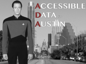 Star Trek's Data standing in front of the Austin skyline.