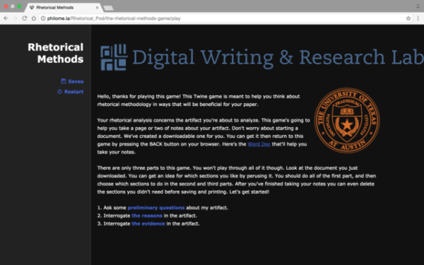 An image of the first page of the Twine game. The image features the Digital Writing and Research Lab's logo and The University Seal.