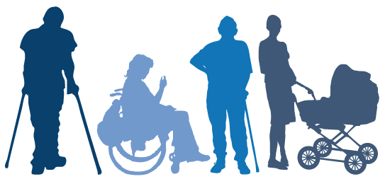 Clip art showing people with different access needs in sillhouette. Left to right: a person on crutches, a person in a wheelchair, a person with a cane, a person pushing a pram