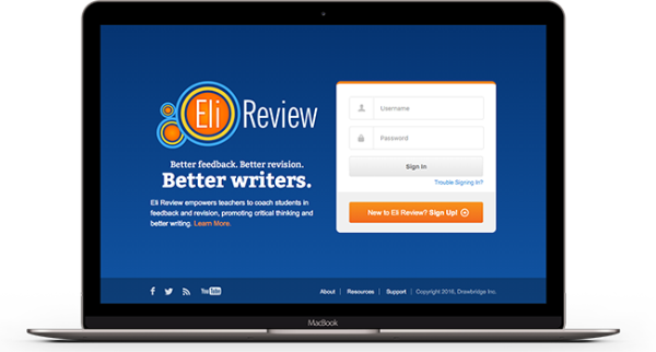 Photograph of open laptop on a plain gray background. Laptop screen displays Eli Review logo and text "Bettr feedback. Better revision. Better writers."