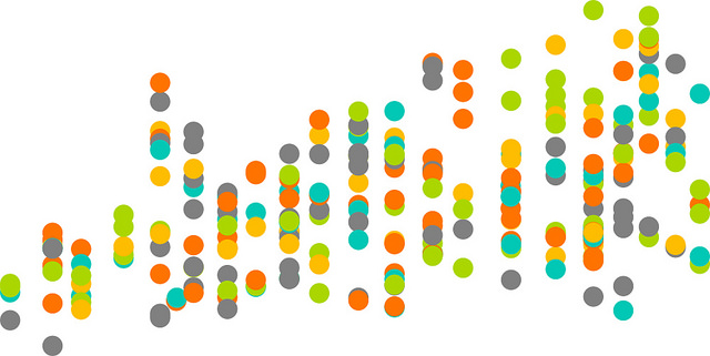 A mystery scatter plot demonstrating how data doesn't make sense without context; a large number of colored dots arranged in vertical lines, with no axes, key or labels