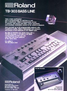 A magazine advertisement for the TB-303 from the 1980s. The image is retro, and shows a futuristic prism floating over the grey bass machine. 