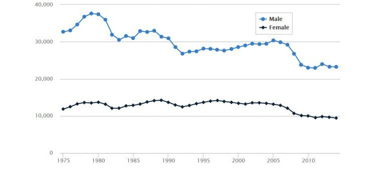 A chart depicting the numbers of accidents experienced by male and female drivers, but without an appropriate context. 