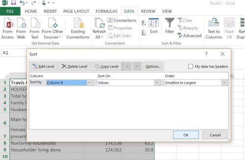 Screenshot demonstrating how to sort data for Excel charts