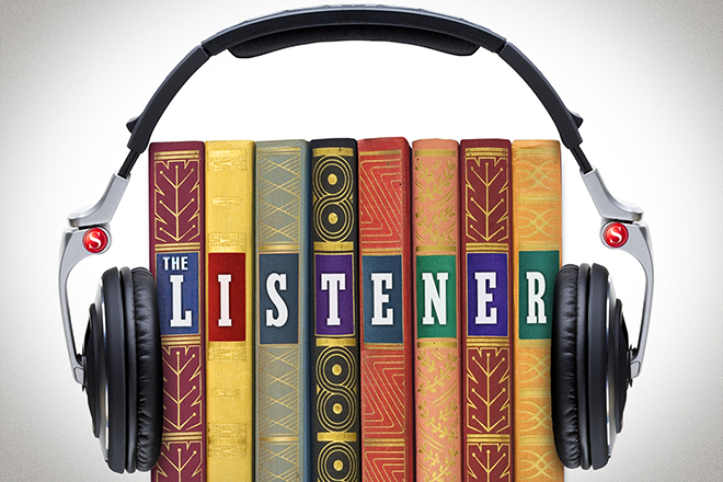 This image shows eight books of different colors in a row (as if on a bookshelve) next to each other. They are embraced by headphones. The background is white.