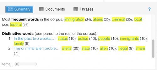 A screenshot of the distinctive words used by two texts.