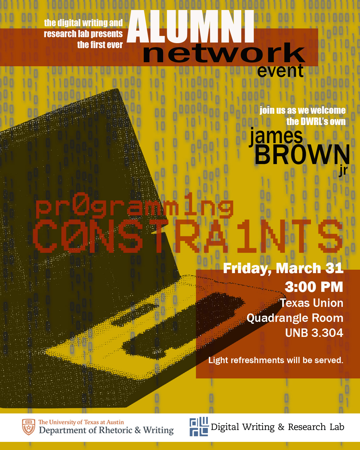 Promotional poster for DWRL's Alumni Network Event with James Brown Jr. Links to longer description.