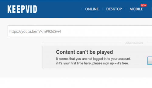Screen Shot of the homepage for KeepVid.com with a YouTube link in the download window.