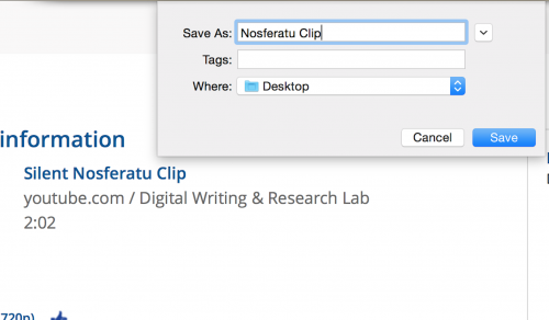 Screen Shot of the save window for KeepVid.com with file saved as "Nosferatu Clip" to the desktop.