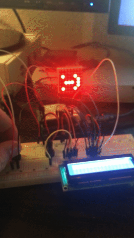 Pong game made by staff member Andy, using arduino tools. The gif shows the ball bouncing on a led matrix, and the bar is being controlled by a knob located on the breadboard.