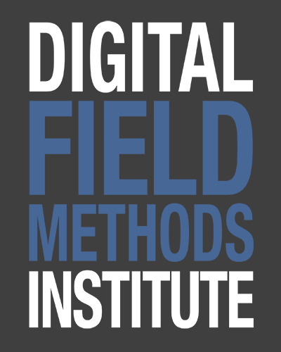 This image reads "Digital Fields Methods Institute" in all capital letters; the first and last word is in white letters; the two words in the middle in blue letters. The background is black.