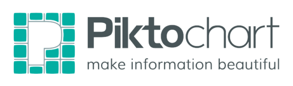 This image depicts the Piktochart logo, which is a big capital "P." It is followed by the word "Piktochart," where the letters "Pikto" are in bold print. Under "Piktochart," it says "make information beautiful."