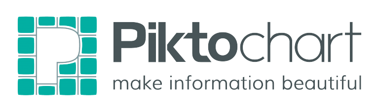 This image depicts the Piktochart logo, which is a big capital "P." It is followed by the word "Piktochart," where the letters "Pikto" are in bold print. Under "Piktochart," it says "make information beautiful."