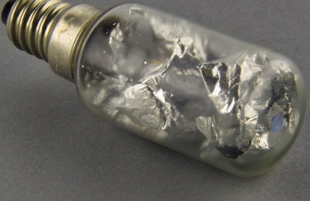 A flashbulb filled with magnesium foil,