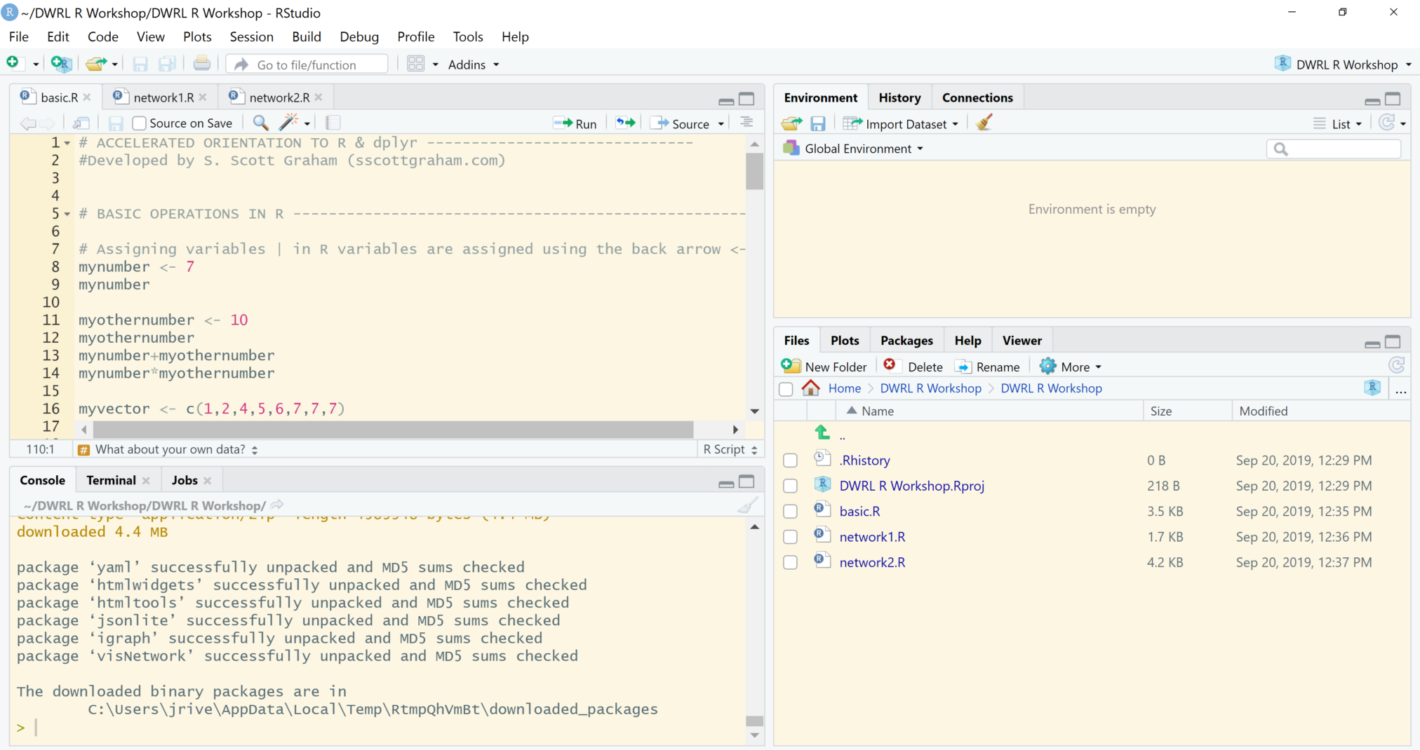 Screenshot of an RStudio pane. Code can be seen within the source and console. The environment pane is empty and there are files in the files/plots/packages/help pane.