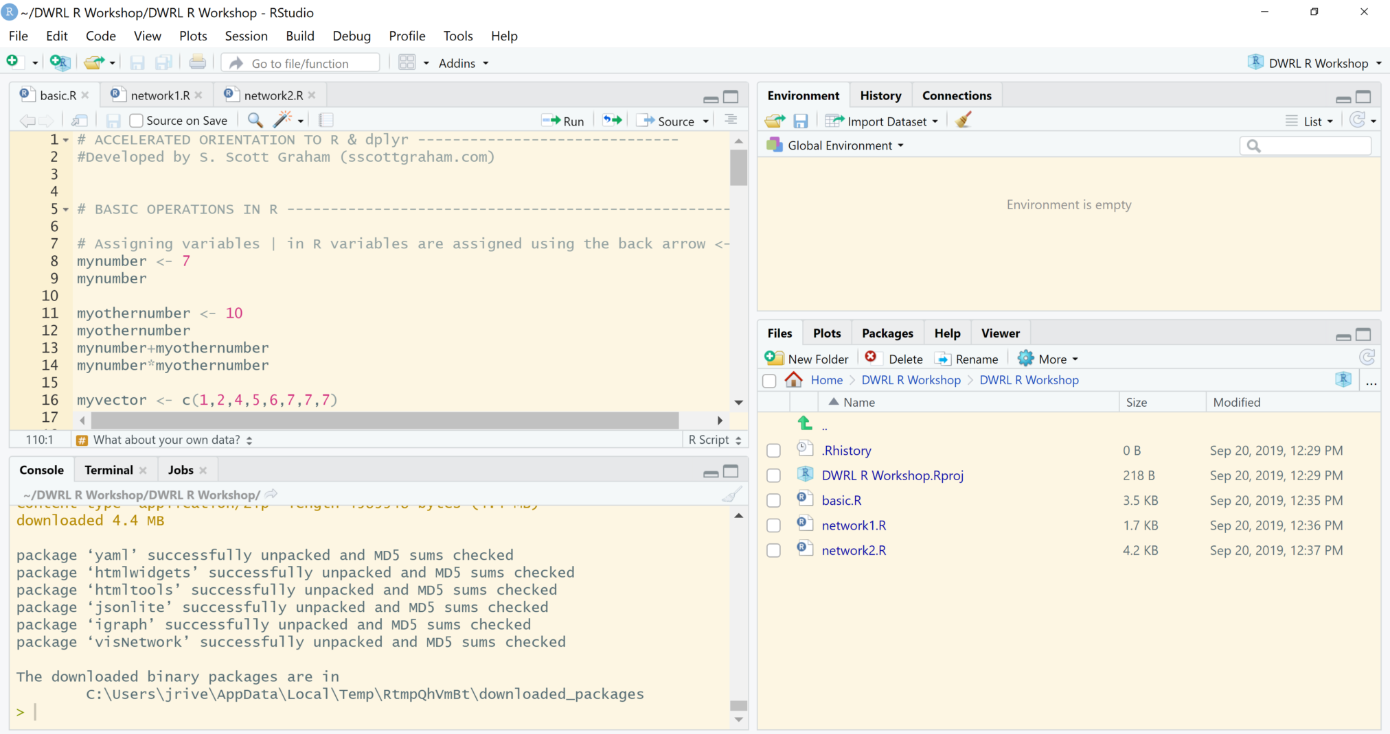 Screenshot of an RStudio pane. Code can be seen within the source and console. The environment pane is empty and there are files in the files/plots/packages/help pane. 