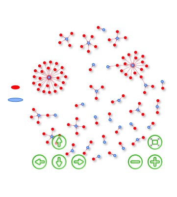 Network model where donors and staffers can be visualized. A navigation key in green is located on the lower corners of the image.