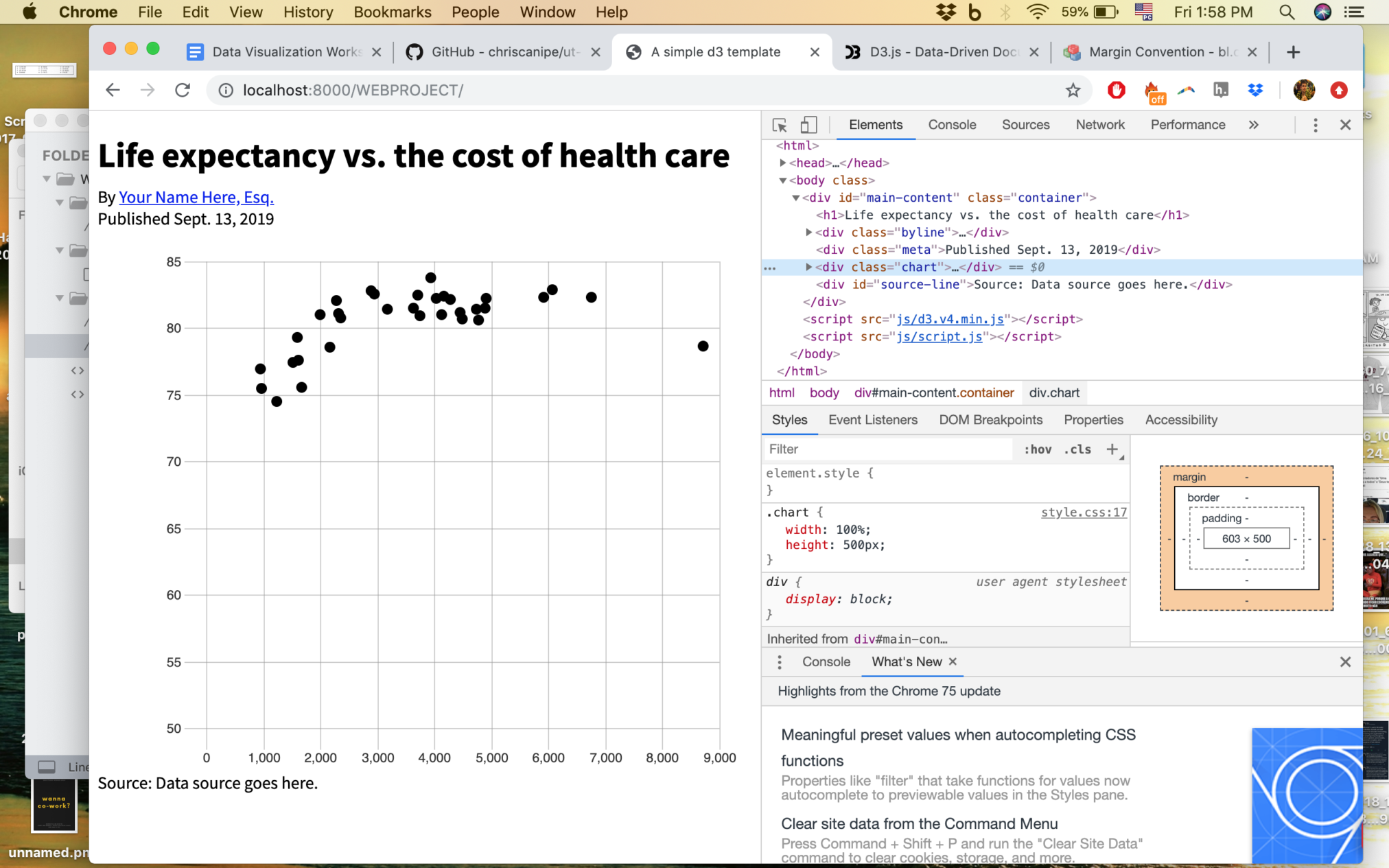 A scatterplot of life expectancy versus the cost of healthcare with dots spread throughout